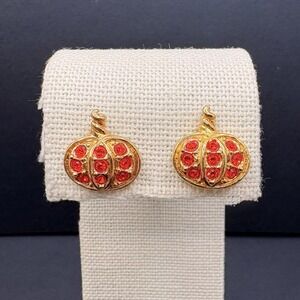 Vintage Avon Precious Pumpkin Pierced Earrings Orange Crystals Gold Tone Dainty